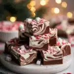 Peppermint swirl fudge squares stacked on a plate with candy cane topping and marshmallows