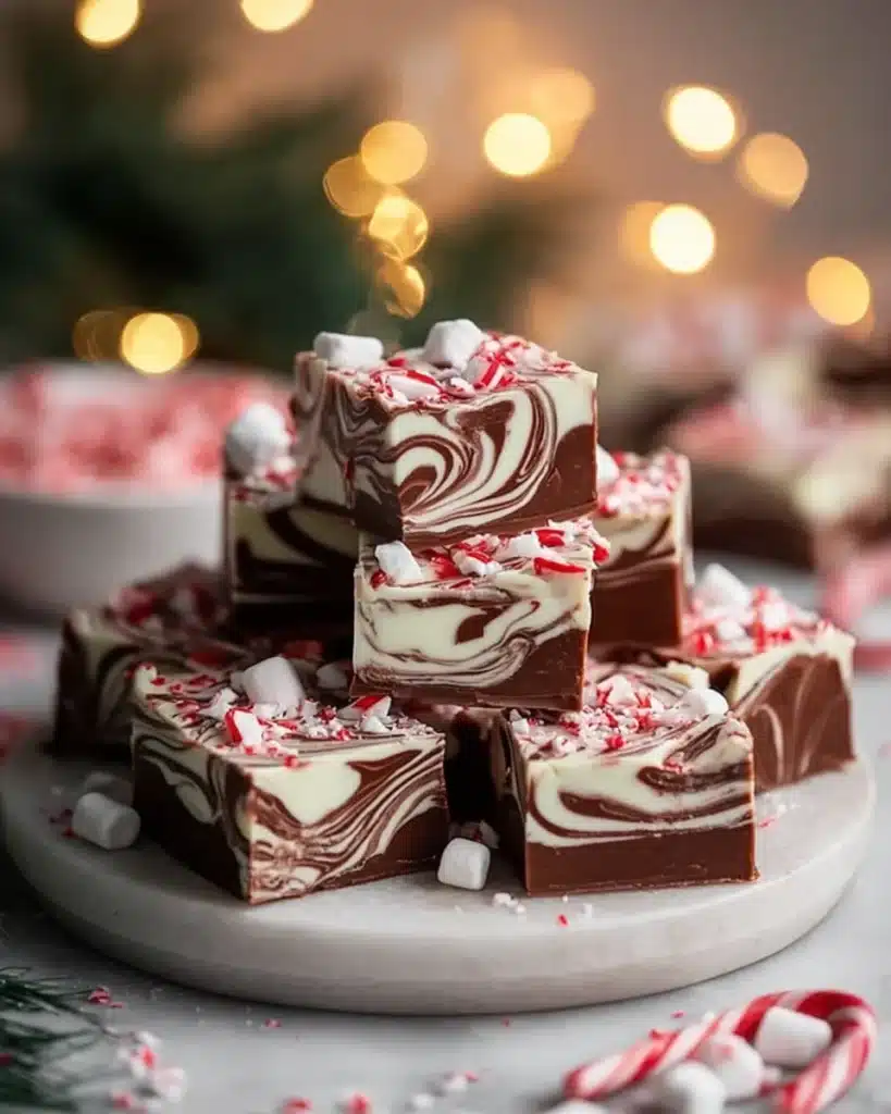 Peppermint swirl fudge squares stacked on a plate with candy cane topping and marshmallows