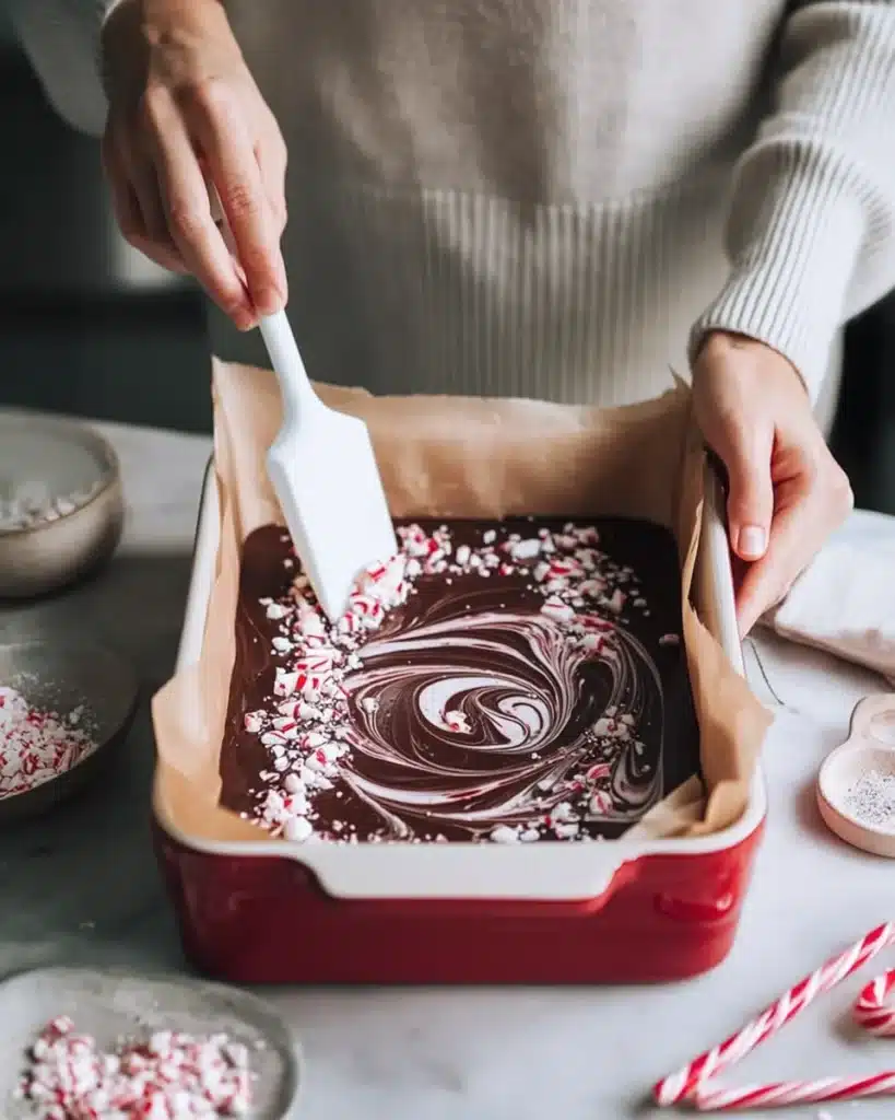 Hands swirling peppermint fudge with spatula in a red baking dish