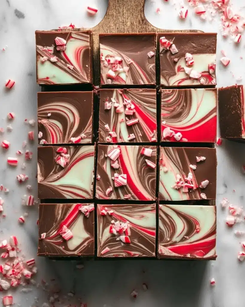 Peppermint swirl fudge squares topped with crushed candy canes on a holiday dessert board