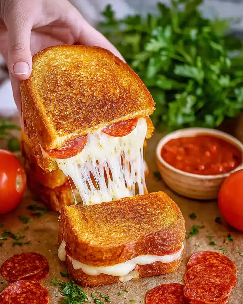 Pizza grilled cheese cheese pull with pepperoni and golden crispy bread