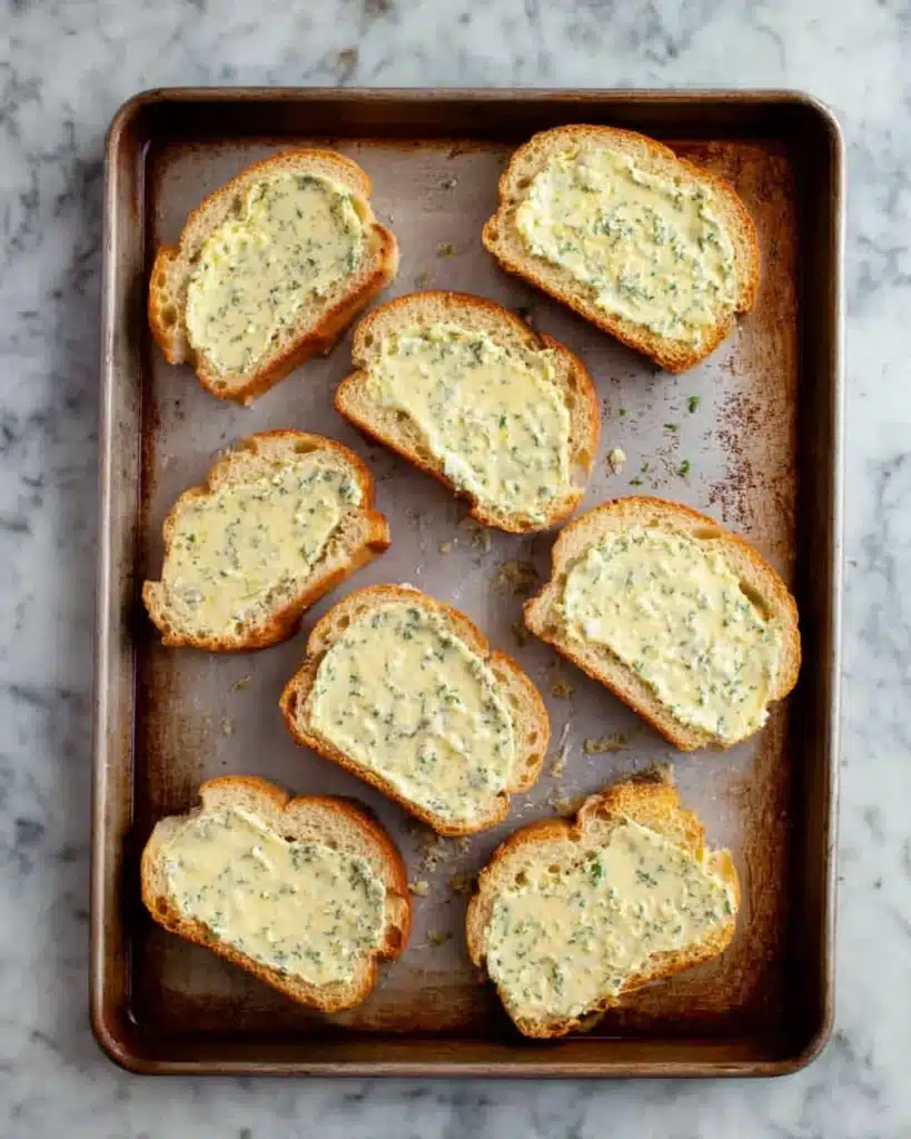 Bread slices spread with garlic butter for pizza grilled cheese