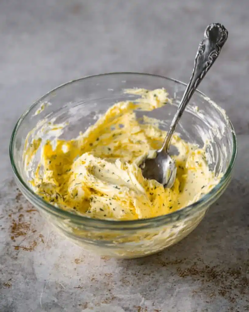 Garlic butter spread in glass bowl for pizza grilled cheese