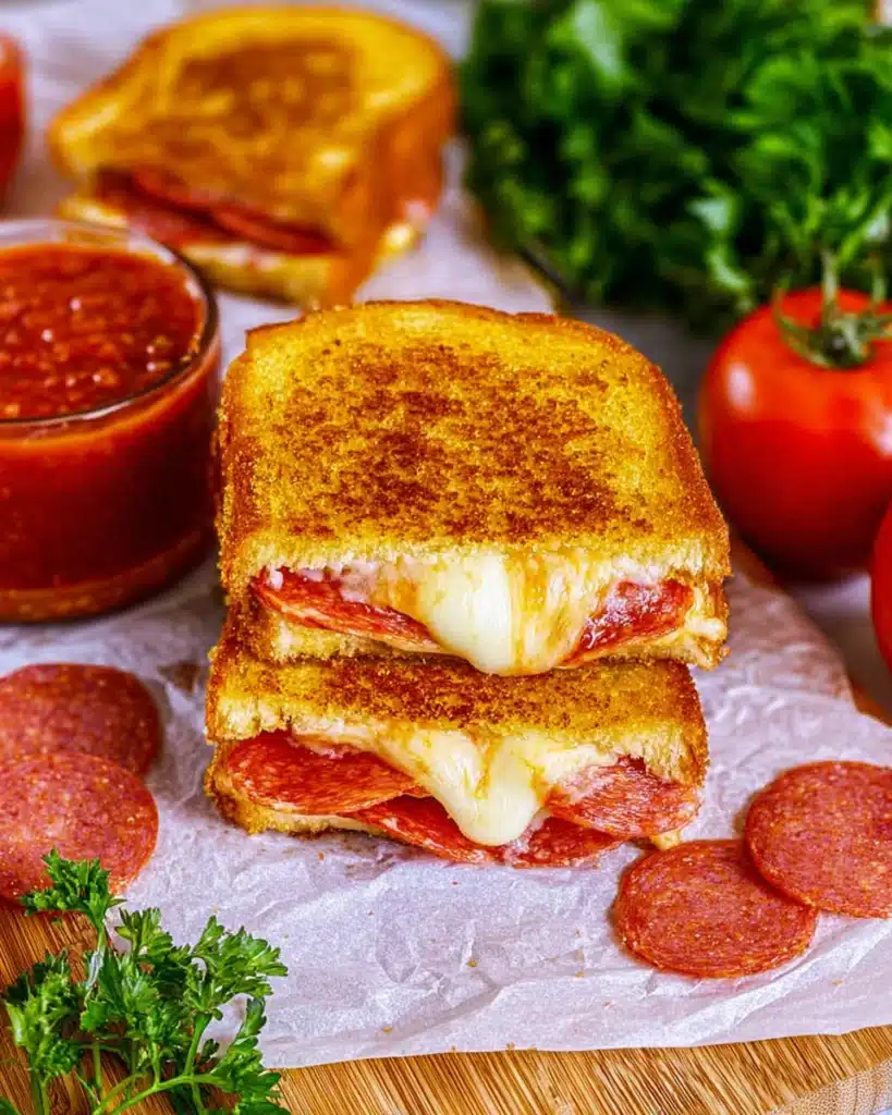 Final pizza grilled cheese sandwiches with mozzarella, pepperoni, and marinara sauce