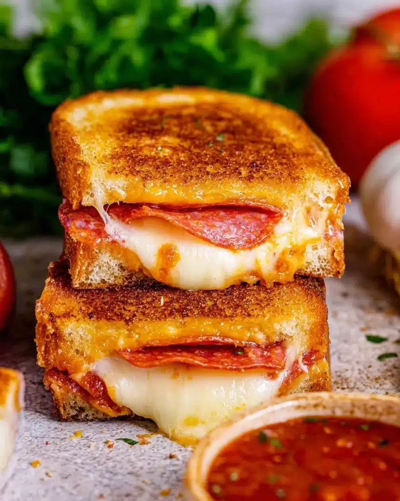 Pizza grilled cheese with melted mozzarella, pepperoni, and golden toasted bread