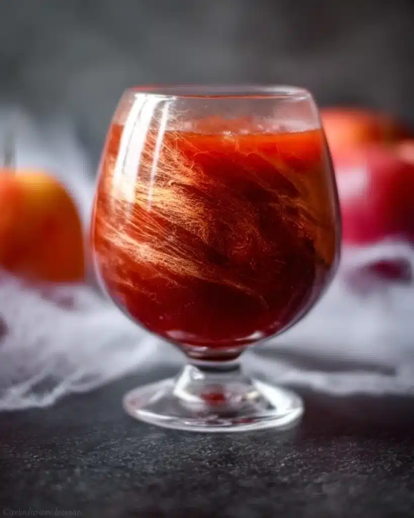 Finished poisoned apple cider Halloween cocktail with golden shimmer in a glass