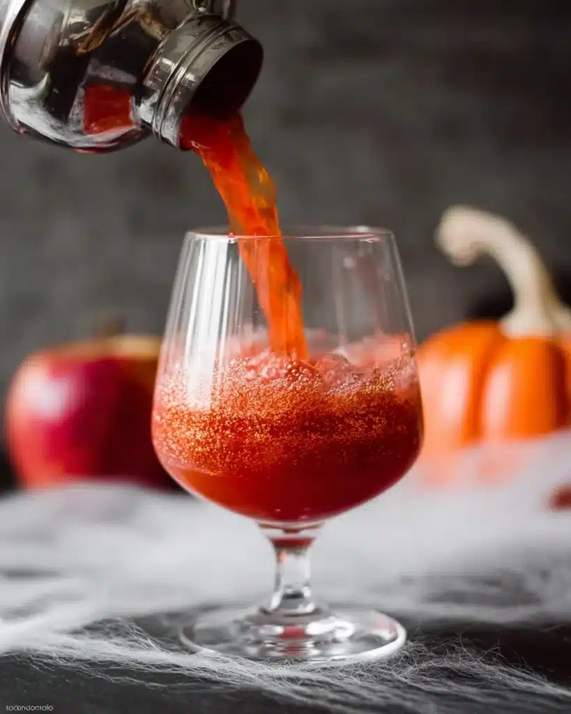 Pouring poisoned apple cider cocktail into a glass for Halloween
