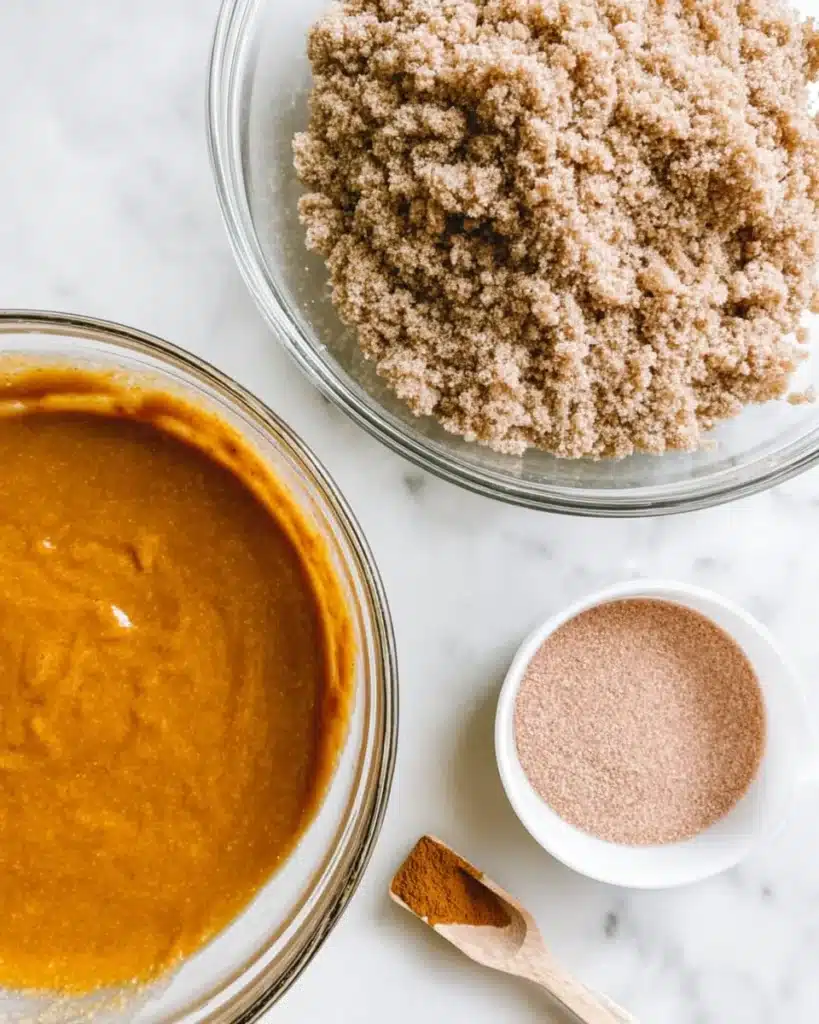 Pumpkin muffin batter, cinnamon streusel, and cinnamon sugar in bowls
