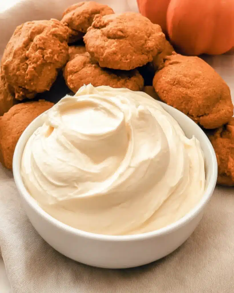 Pumpkin cookies with a bowl of smooth cream cheese frosting