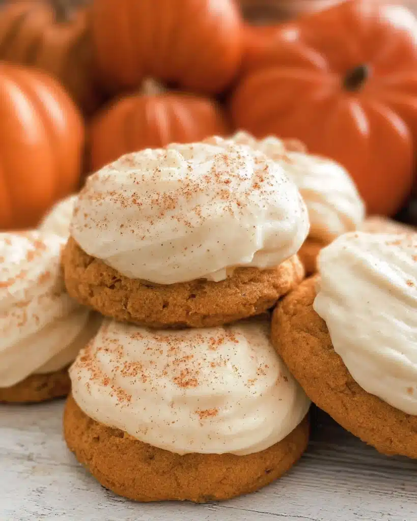 Frosted pumpkin cookies with cream cheese and cinnamon dusting