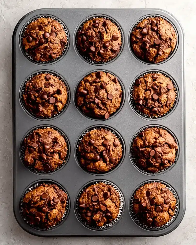 Freshly baked pumpkin chocolate chip muffins in muffin tin
