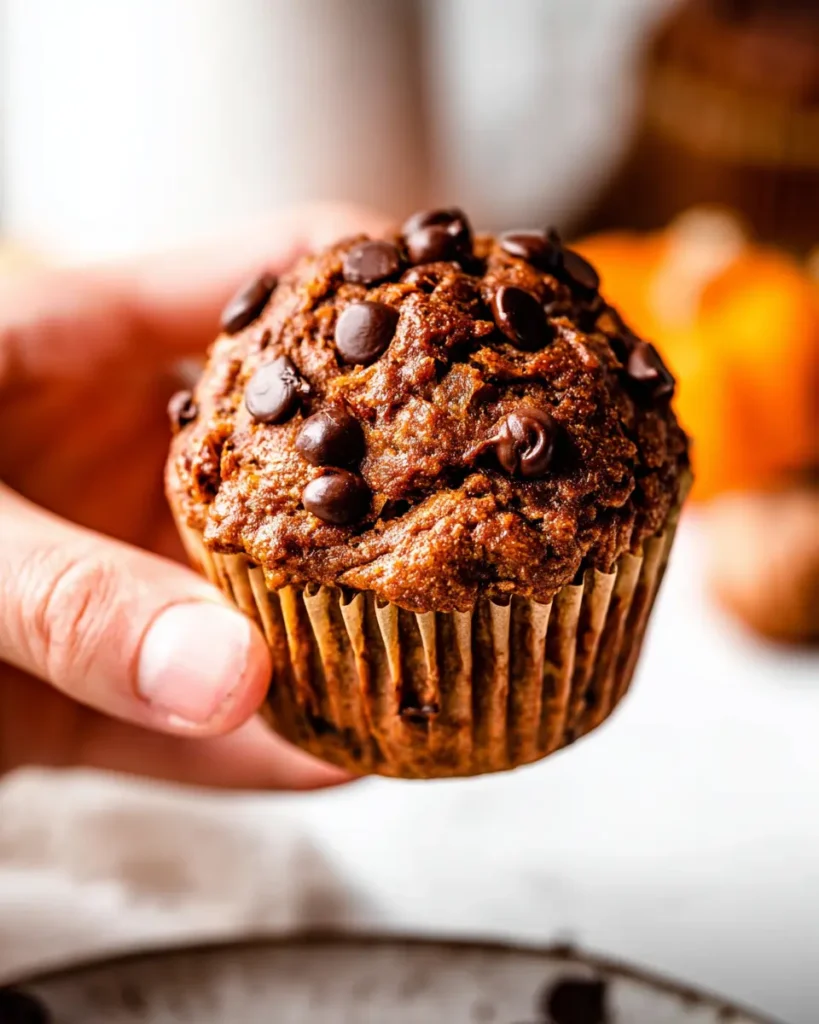 Hand holding a pumpkin chocolate chip muffin with chocolate chips