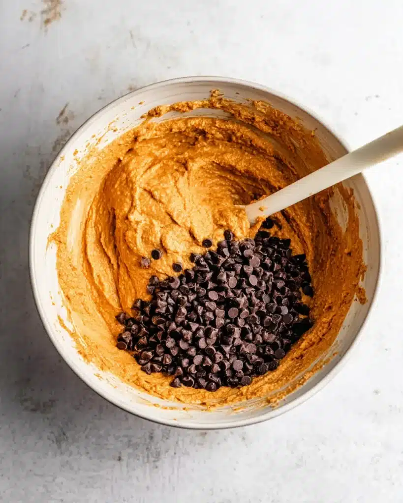 Pumpkin muffin batter with chocolate chips in a mixing bowl