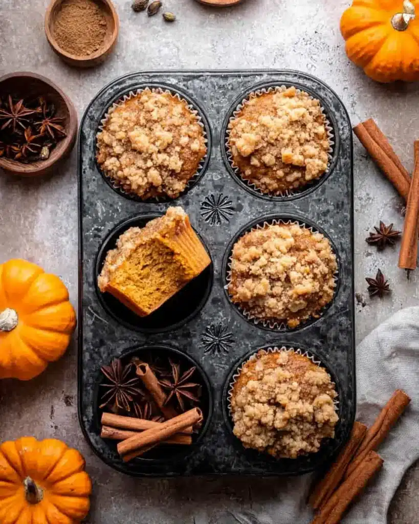 Pumpkin streusel muffins in a tin with spices and crumb topping
