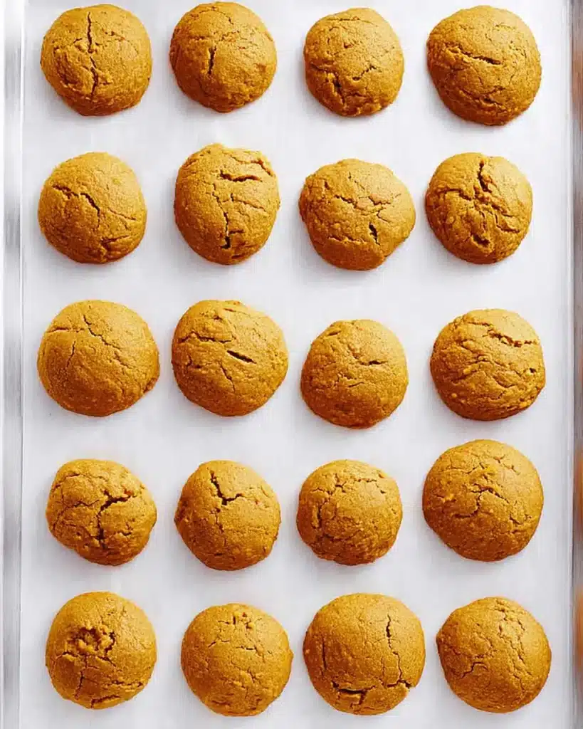 Freshly baked pumpkin sugar cookies cooling on a baking tray