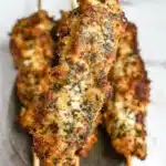 Juicy ranch garlic parmesan chicken skewers with crispy cheesy coating