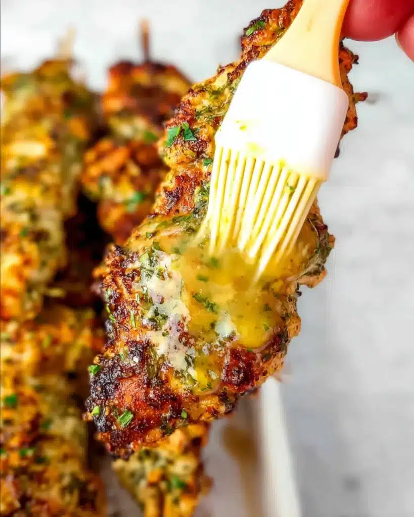Brushing ranch garlic parmesan butter sauce onto crispy chicken skewers