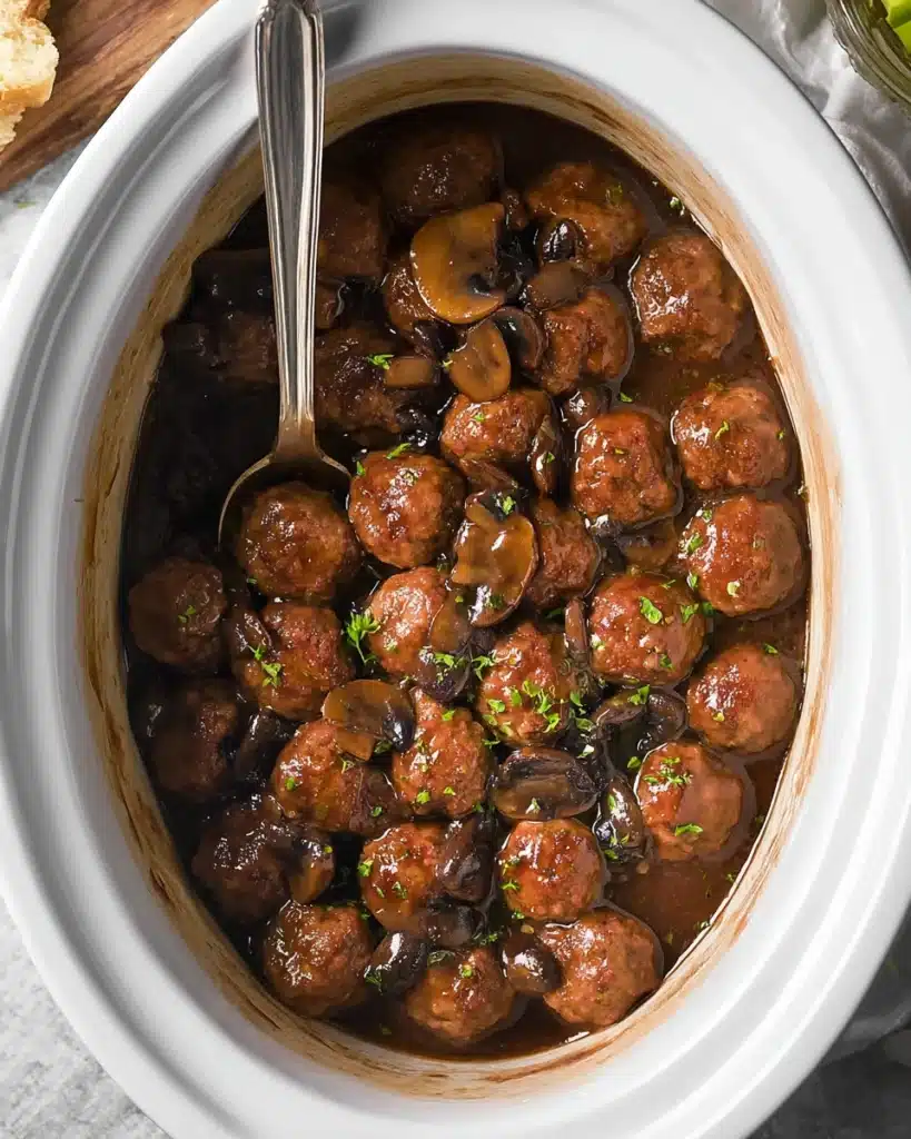 Salisbury steak meatballs with mushroom gravy on a plateSalisbury steak meatballs with mushroom gravy on a plate