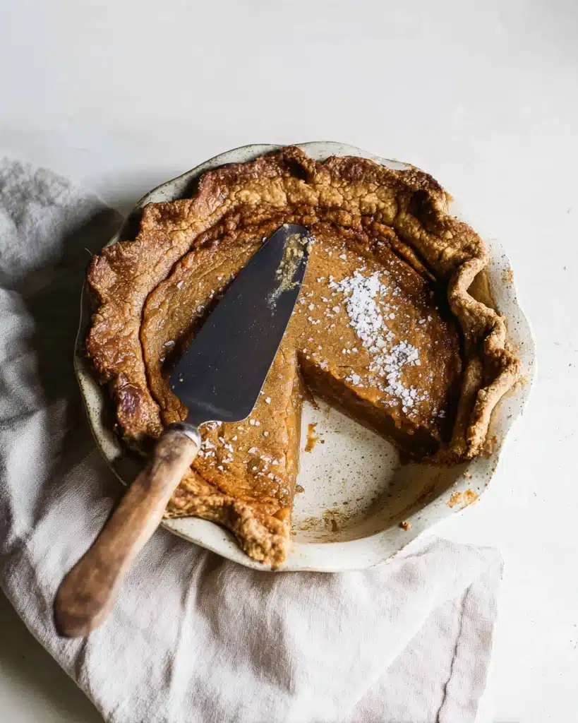 Half-eaten salted maple pie with flaky crust and sea salt