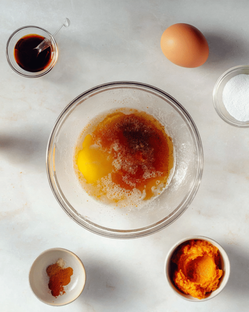 Pumpkin cookie ingredients with brown butter, egg, vanilla, and pumpkin puree in bowls