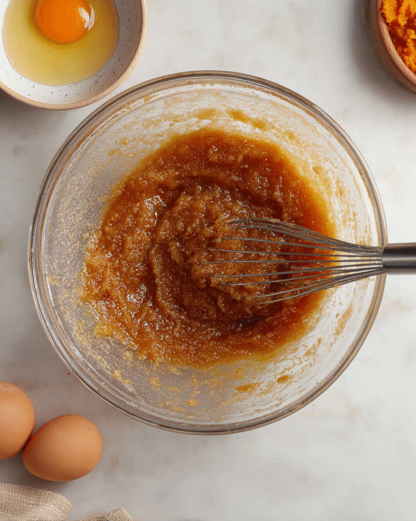 Pumpkin cookie dough wet ingredients whisked in glass bowl