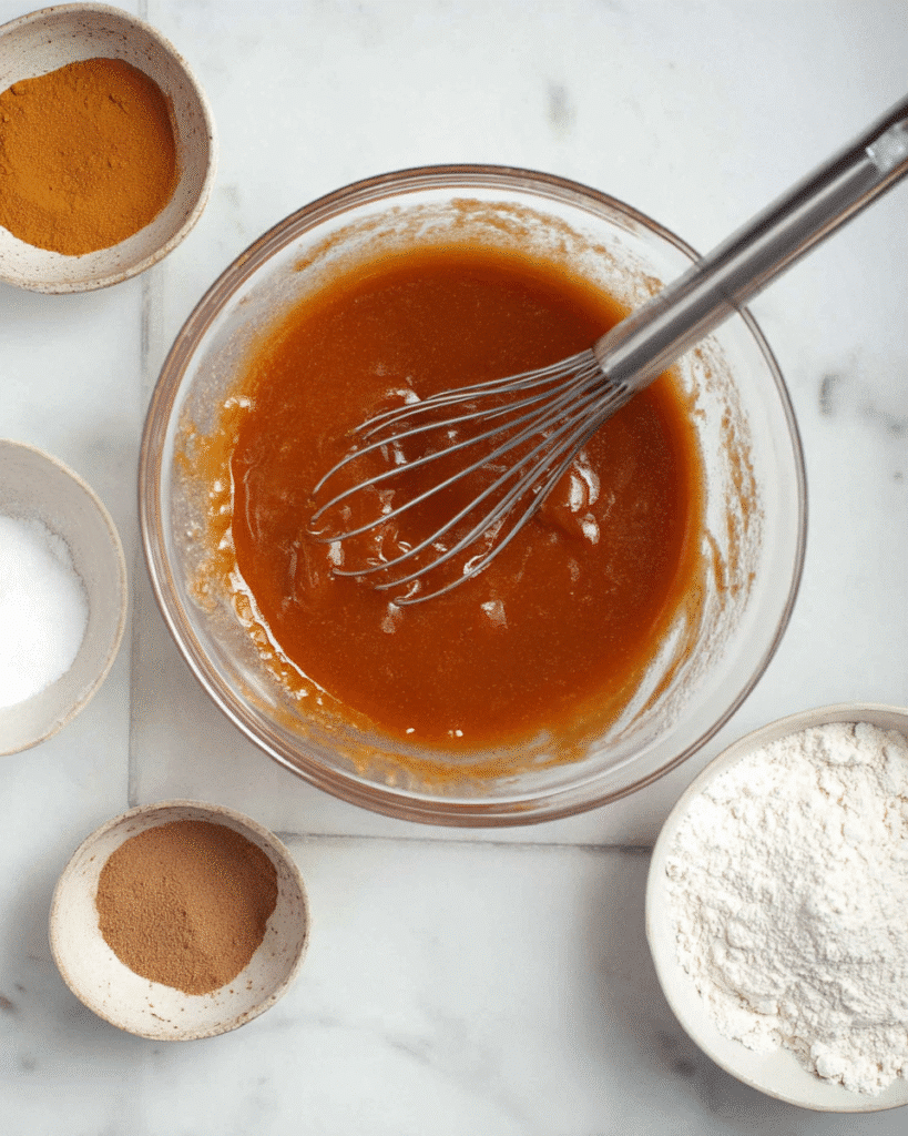 Pumpkin cookie batter in bowl with flour and spices on marble surface