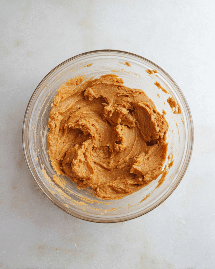 Pumpkin cookie dough in a glass bowl on marble surface