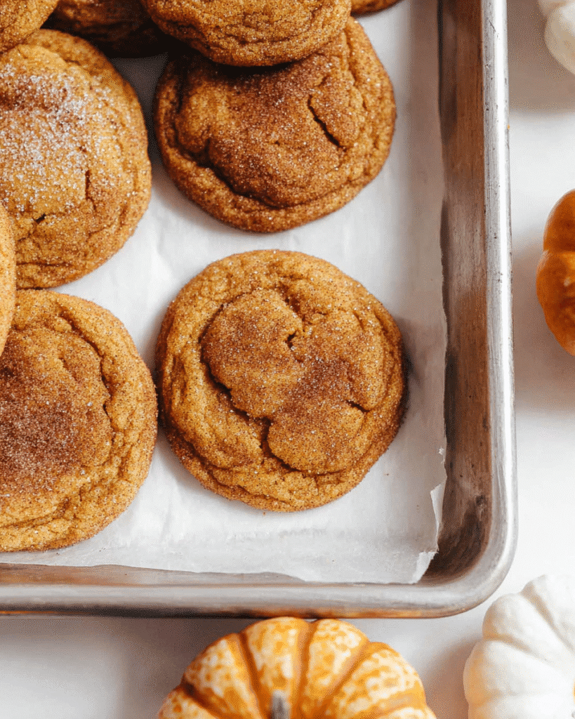 Freshly baked soft and chewy pumpkin cookies on baking tray