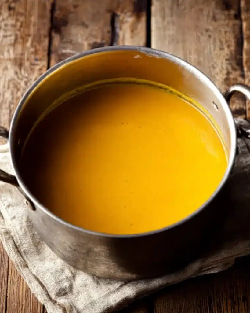 Spicy Butternut Squash and Sweet Potato Soup blended smooth in a pot