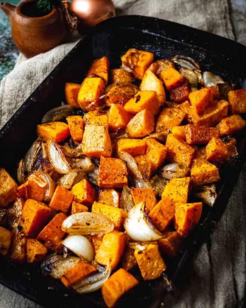 Roasted butternut squash and sweet potatoes with onions for spicy soup