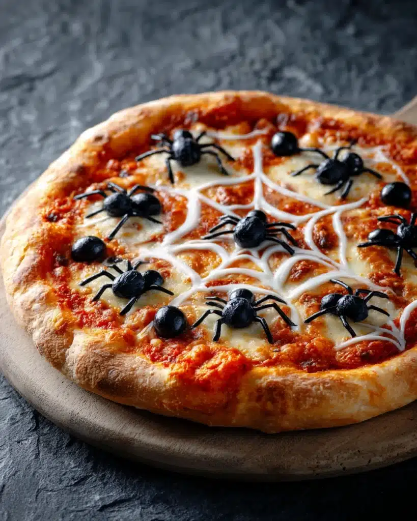 Finished Spiderweb Halloween Pizza with olive spiders and cheese web