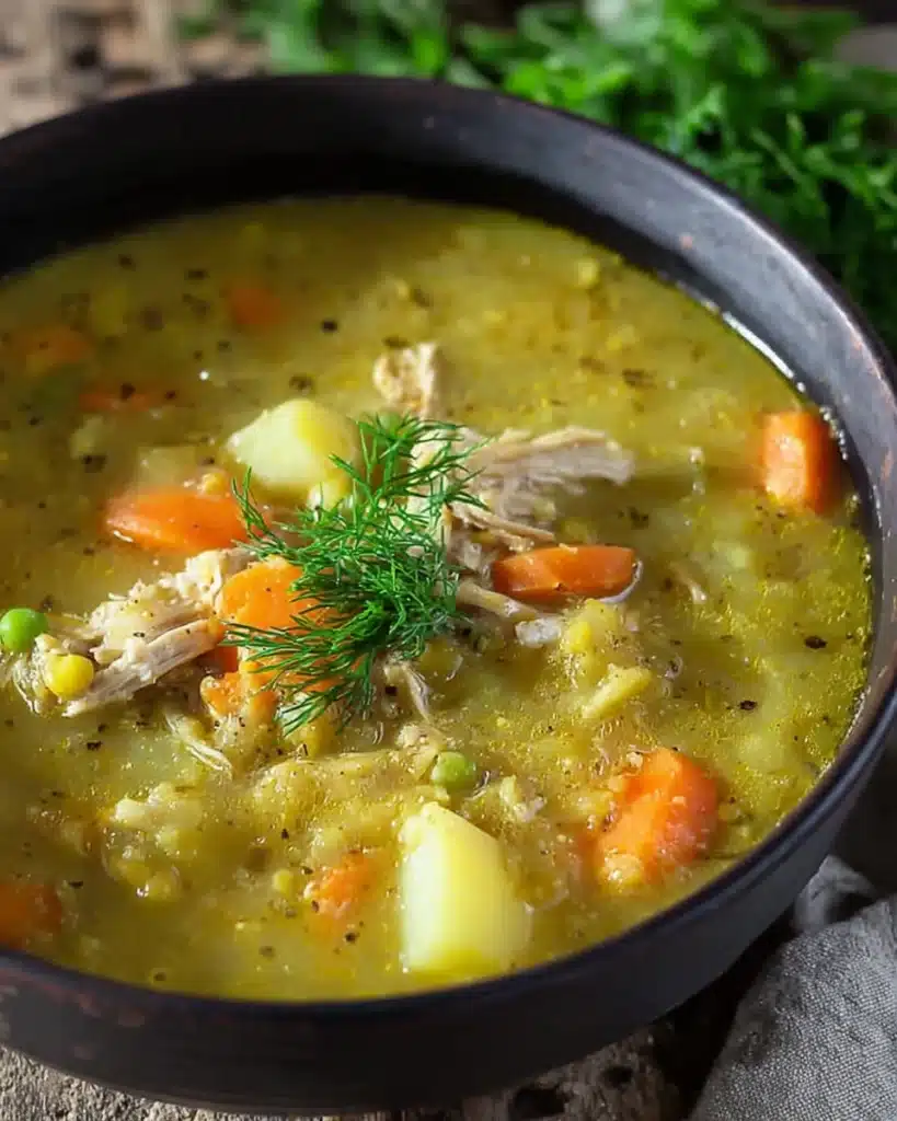 Finished split pea soup with carrots, potatoes, and dill garnish