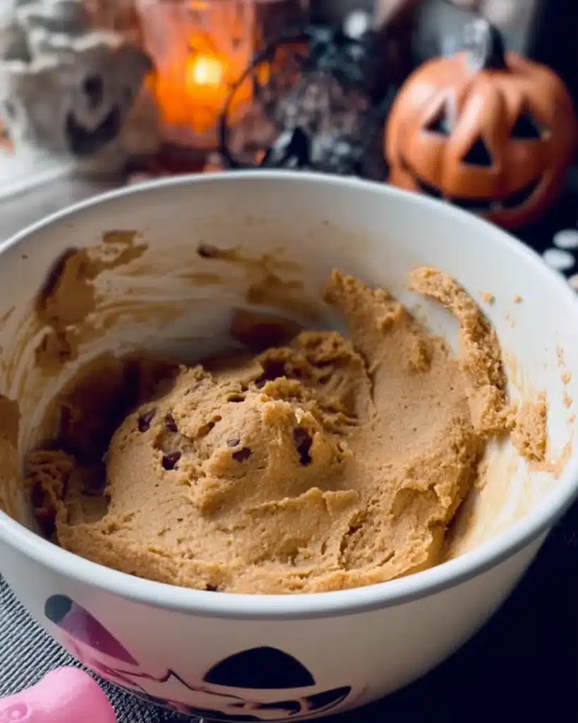 Pumpkin cookie dough in a Halloween bowl for Spooky Ghost Brown Butter Pumpkin Cookies