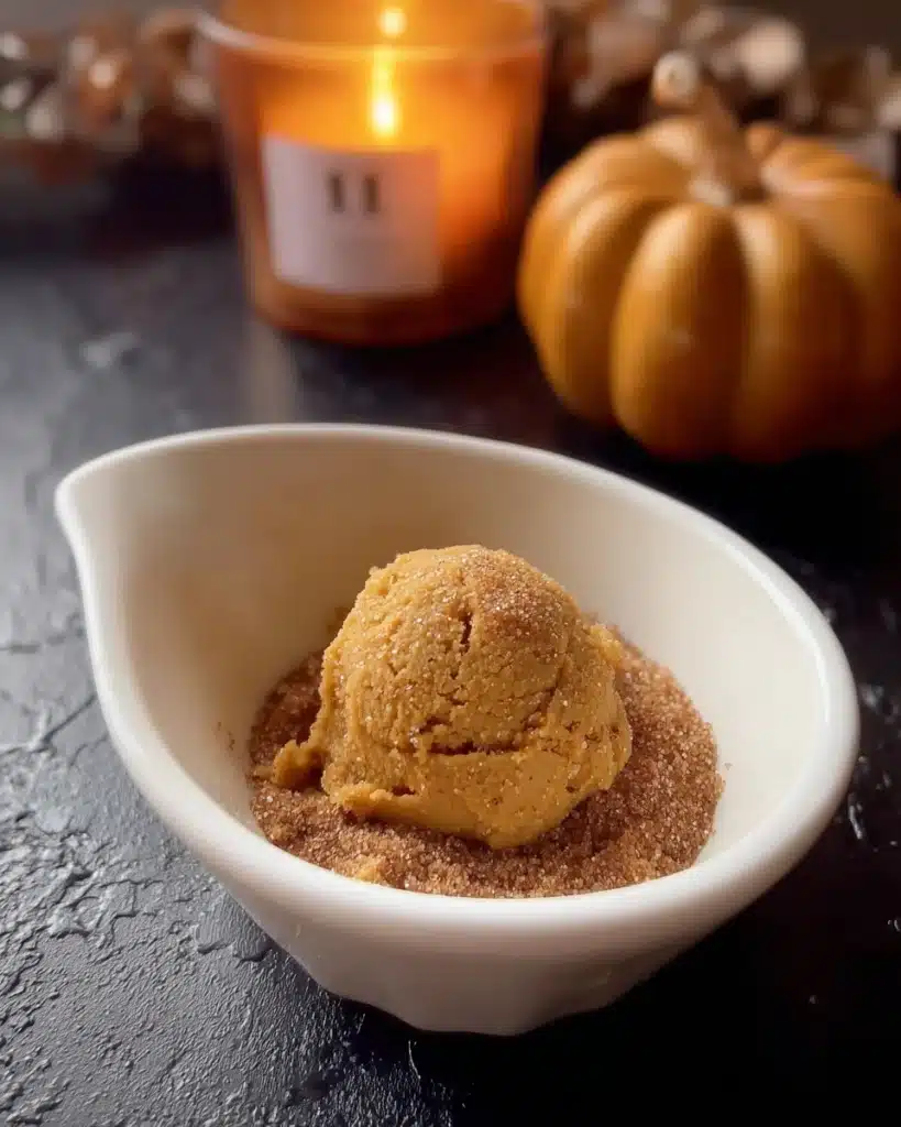 Pumpkin cookie dough ball rolled in cinnamon sugar for Spooky Ghost Brown Butter Pumpkin Cookies