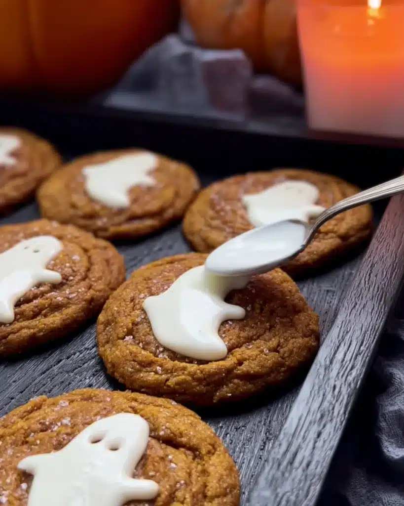 Decorating pumpkin cookies with white chocolate ghosts for Halloween