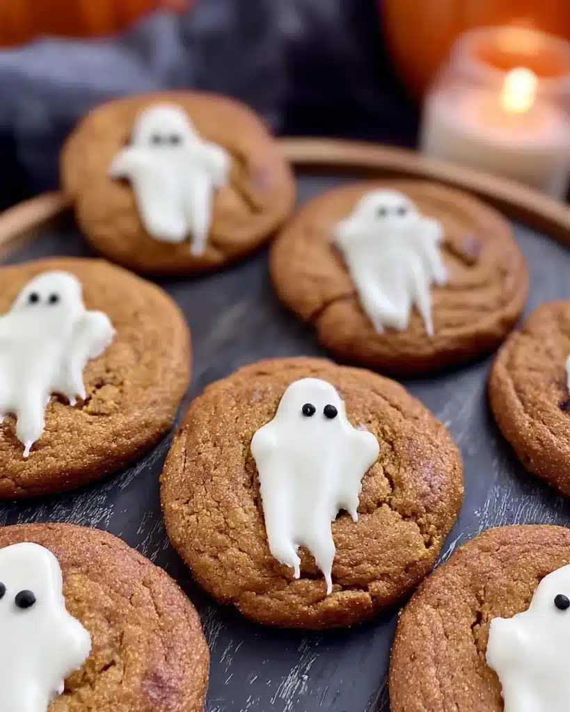 Spooky Ghost Brown Butter Pumpkin Cookies with candle and Halloween decor