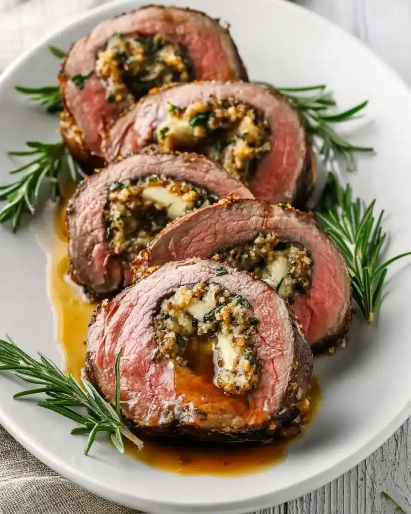 Stuffed beef tenderloin slices with herb breadcrumb filling and rosemary garnish