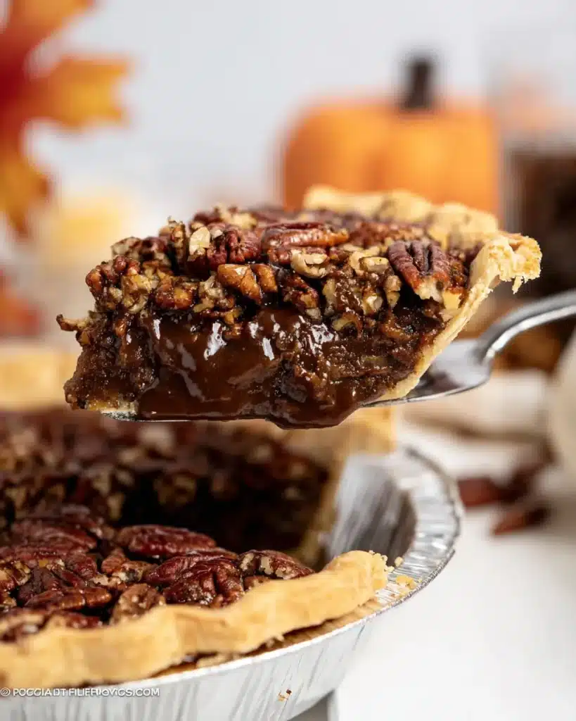 Slice of Texas chocolate pecan pie lifted from pan with gooey fudge filling