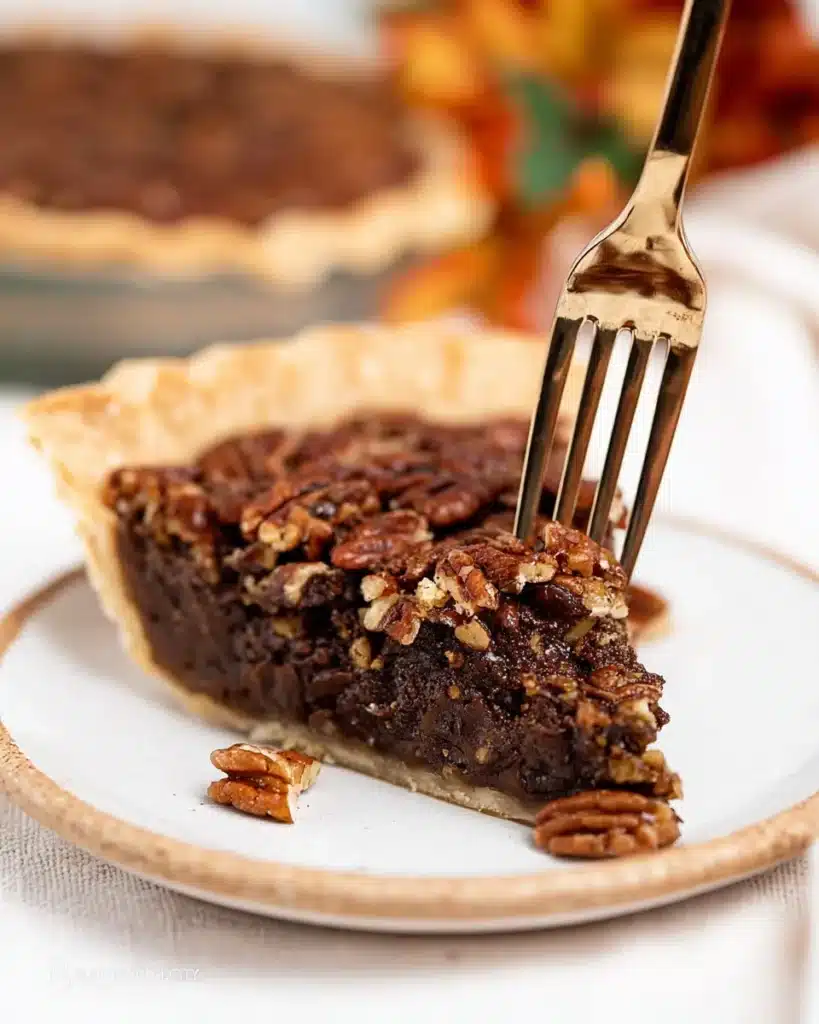 Slice of Texas chocolate pecan pie with gooey fudge filling and crunchy pecans