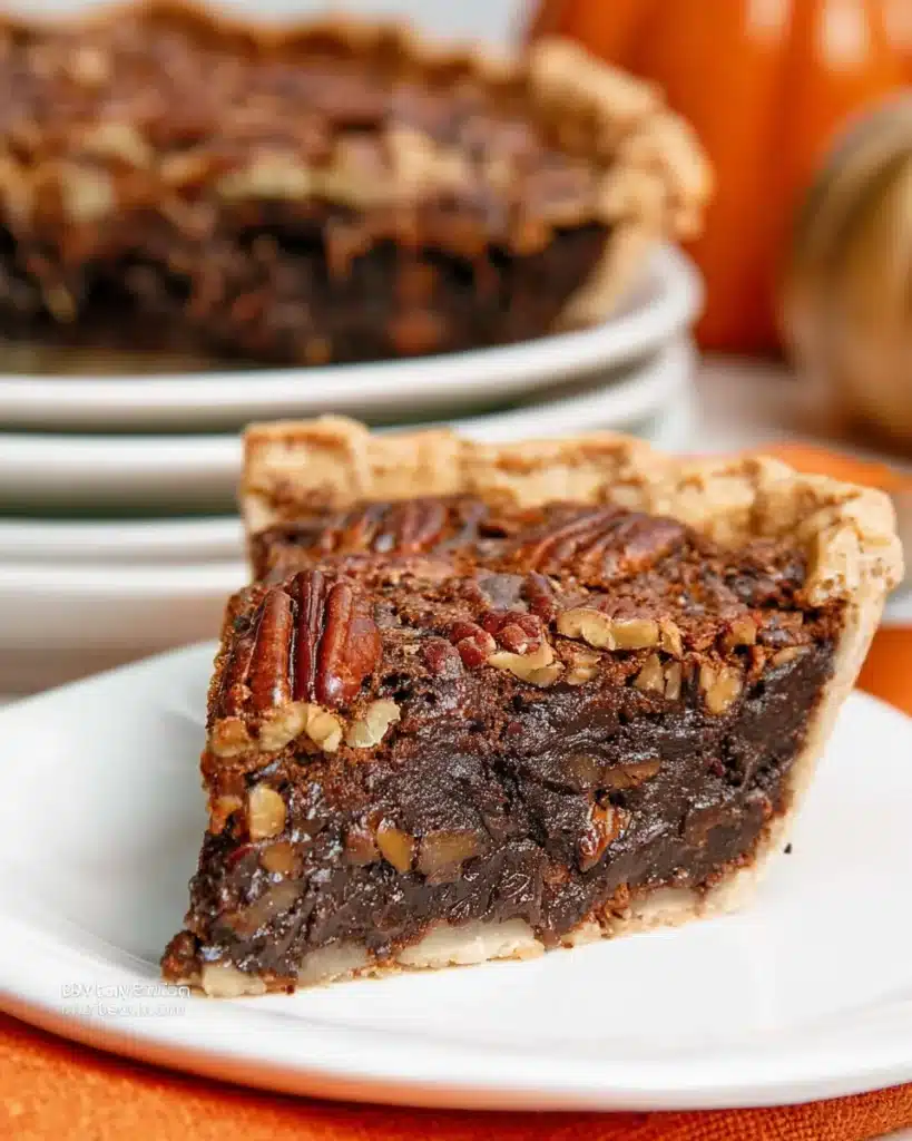 Thick slice of Texas chocolate pecan pie on white plate