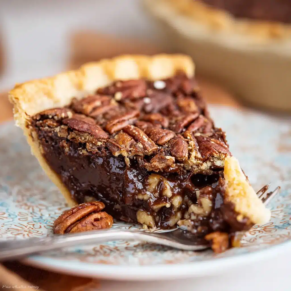 Slice of Texas chocolate pecan pie with forkful on plate