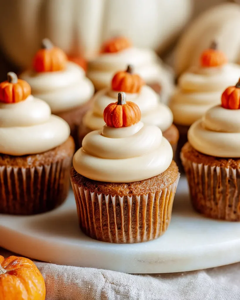 Pumpkin cupcakes with cream cheese frosting and fondant pumpkins