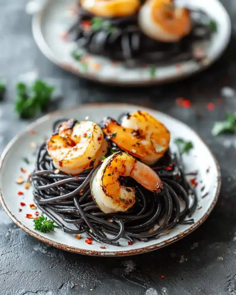Vampire pasta served with grilled shrimp on black squid ink noodles