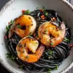 Black squid ink pasta with grilled shrimp in a white bowl, garnished with herbs