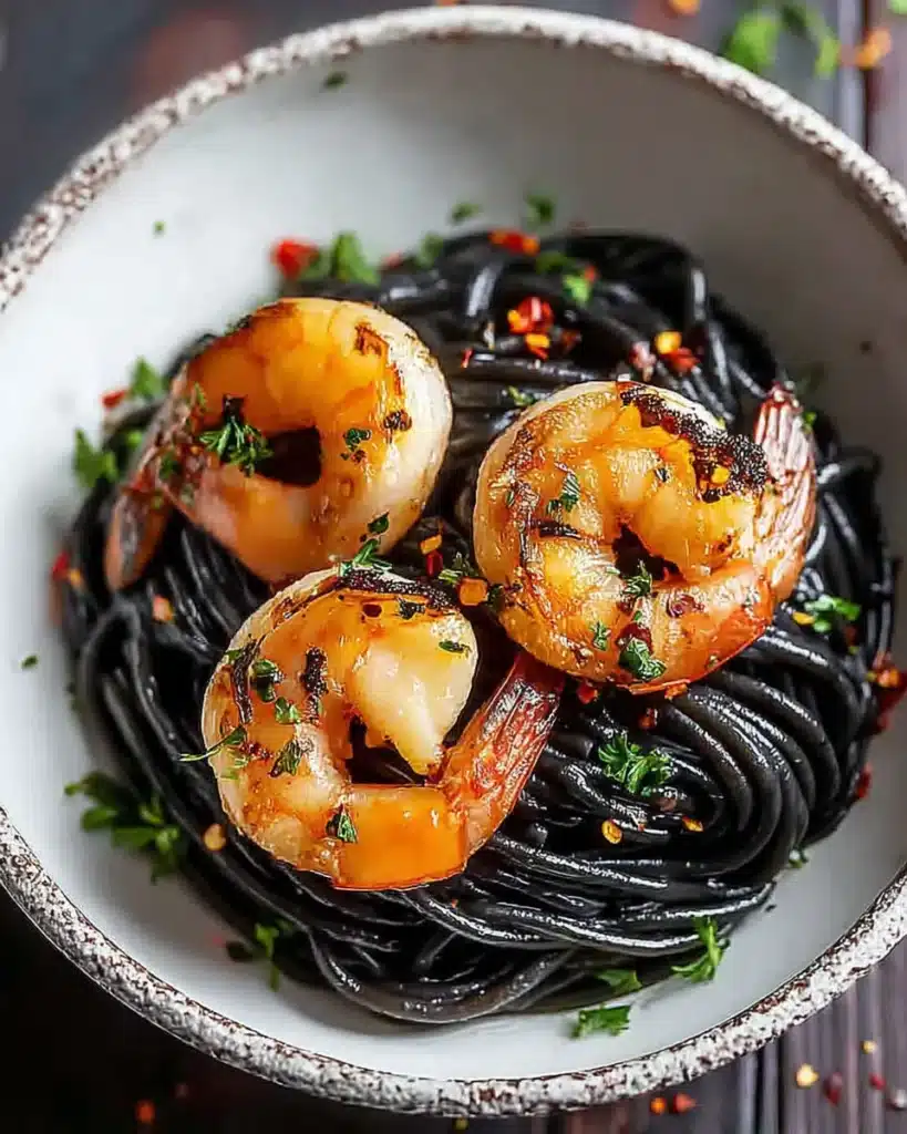Black squid ink pasta with grilled shrimp in a white bowl, garnished with herbs
