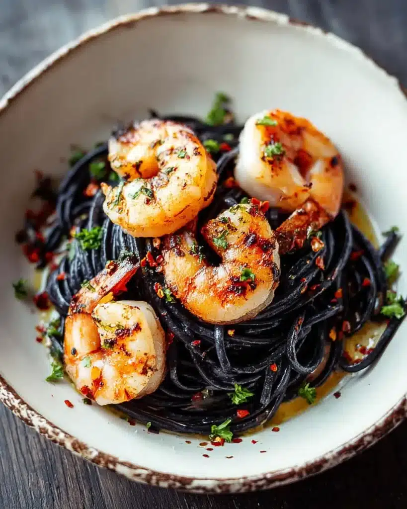 Vampire pasta with grilled shrimp on black squid ink noodles