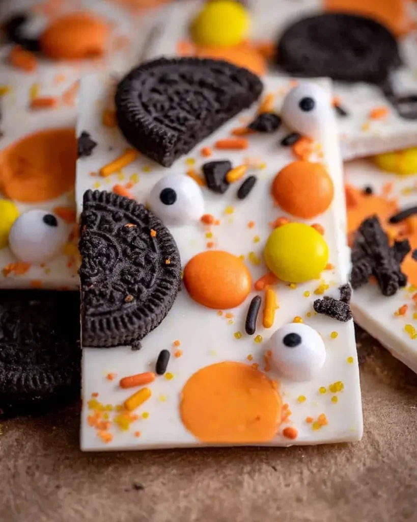 Halloween white chocolate Oreo bark with sprinkles and candy eyeballs