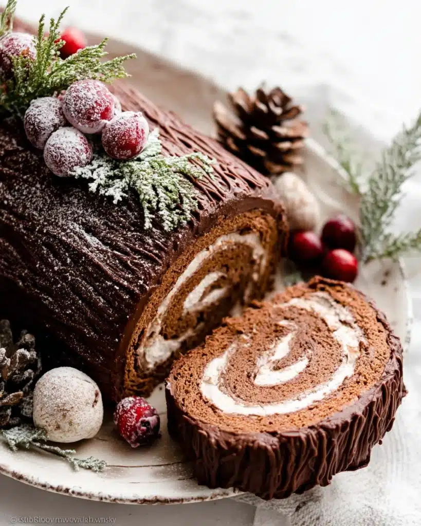Yule Log Cake slice showing chocolate swirl and festive sugared cranberry decorations