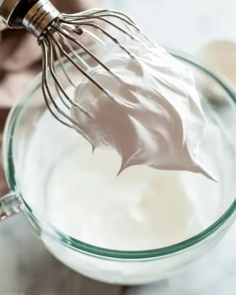 Whipped cream with stiff peaks in glass bowl with whisk