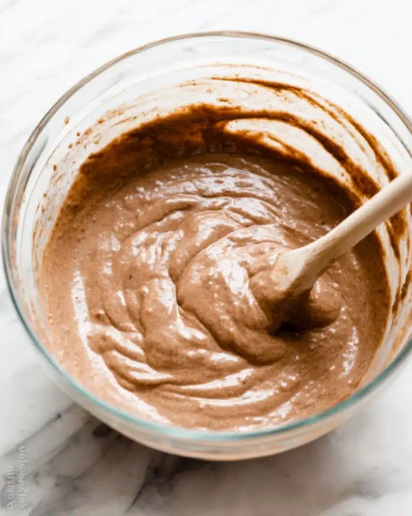 Chocolate sponge cake batter in glass bowl with wooden spoon